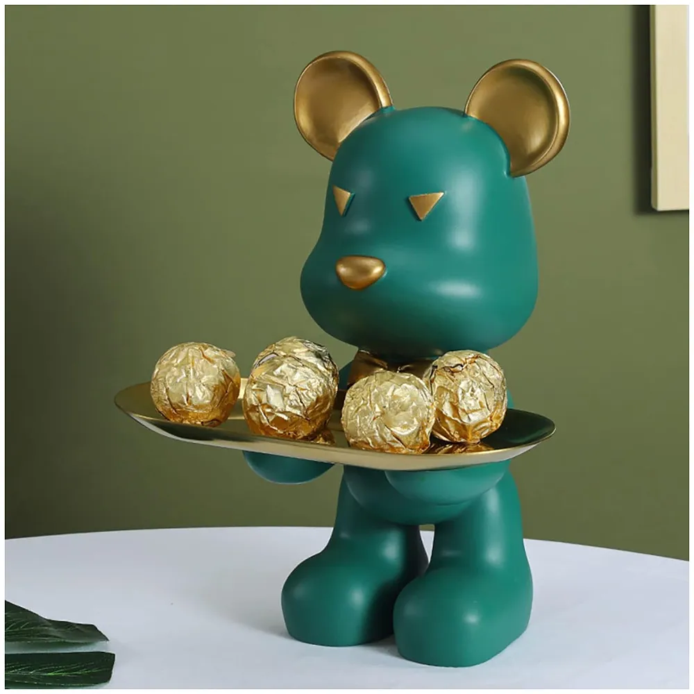 Bear Design Brick with Holder Plate for Keys, Cosmetics Home and Bathroom Décor 9 in Height Idol Show Piece Resin Figure with Stainless Steel Plate Green