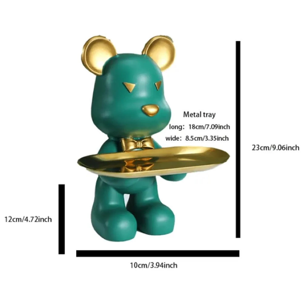 Bear Design Brick with Holder Plate for Keys, Cosmetics Home and Bathroom Décor 9 in Height Idol Show Piece Resin Figure with Stainless Steel Plate Green