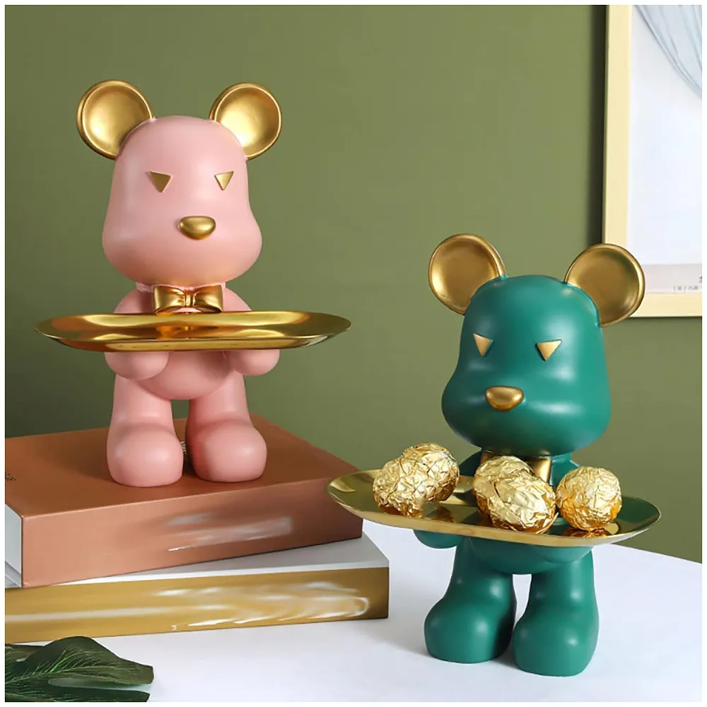 Bear Design Brick with Holder Plate for Keys, Cosmetics Home and Bathroom Décor 9 in Height Idol Show Piece Resin Figure with Stainless Steel Plate Green