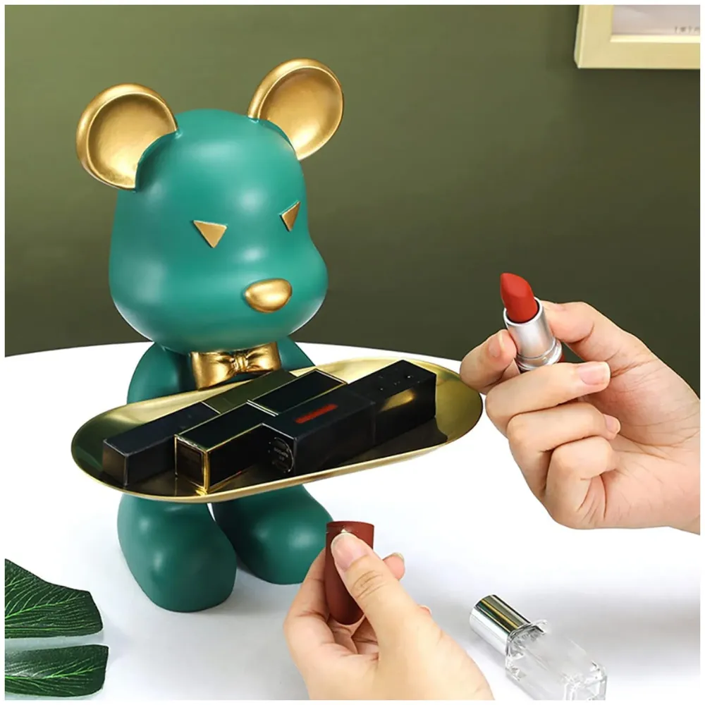 Bear Design Brick with Holder Plate for Keys, Cosmetics Home and Bathroom Décor 9 in Height Idol Show Piece Resin Figure with Stainless Steel Plate Green - 2