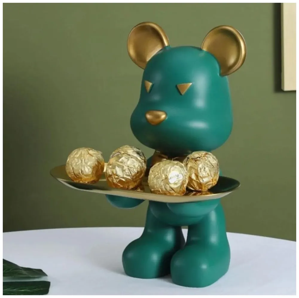 Bear Design Brick with Holder Plate for Keys, Cosmetics Home and Bathroom Décor 9 in Height Idol Show Piece Resin Figure with Stainless Steel Plate Green - 5