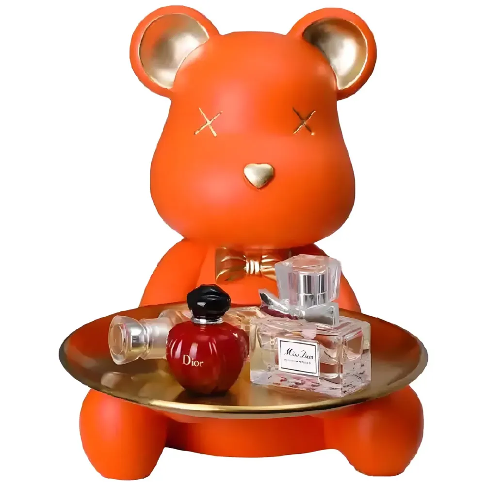 Bear Design Brick with Holder Plate for Keys, Cosmetics Home and Bathroom Décor 9 in Height Idol Show Piece Resin Figure with Stainless Steel Plate Orange Sitting