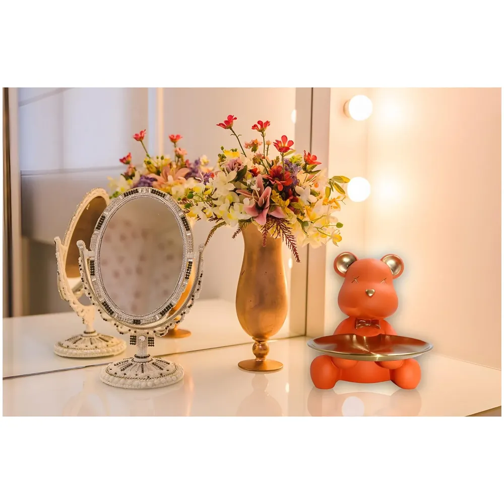 Bear Design Brick with Holder Plate for Keys, Cosmetics Home and Bathroom Décor 9 in Height Idol Show Piece Resin Figure with Stainless Steel Plate Orange Sitting - 2