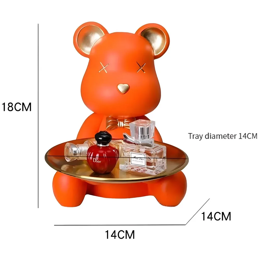 Bear Design Brick with Holder Plate for Keys, Cosmetics Home and Bathroom Décor 9 in Height Idol Show Piece Resin Figure with Stainless Steel Plate Orange Sitting - 3