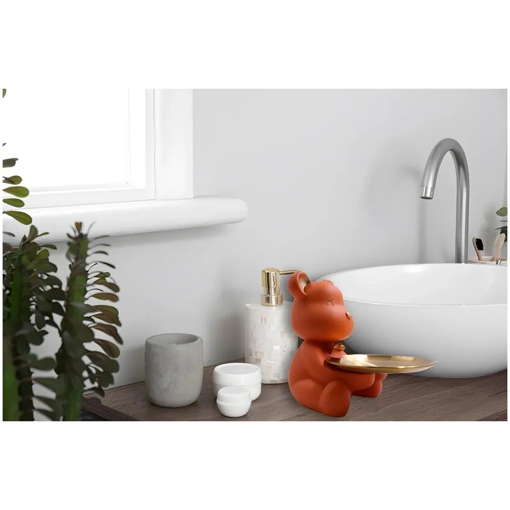 Bear Design Brick with Holder Plate for Keys, Cosmetics Home and Bathroom Décor 9 in Height Idol Show Piece Resin Figure with Stainless Steel Plate Orange Sitting - 4