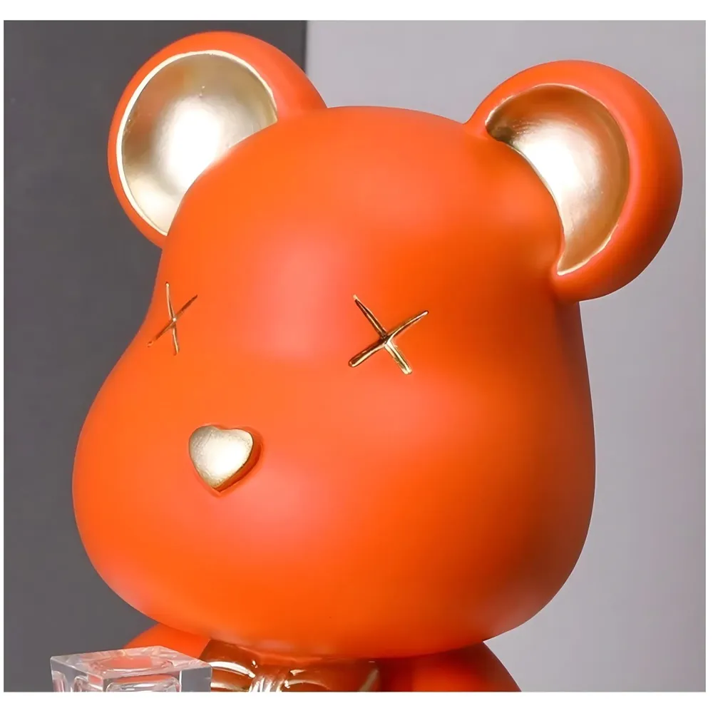 Bear Design Brick with Holder Plate for Keys, Cosmetics Home and Bathroom Décor 9 in Height Idol Show Piece Resin Figure with Stainless Steel Plate Orange Sitting - 5