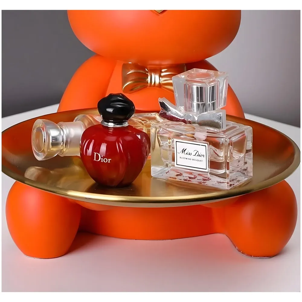 Bear Design Brick with Holder Plate for Keys, Cosmetics Home and Bathroom Décor 9 in Height Idol Show Piece Resin Figure with Stainless Steel Plate Orange Sitting - 6