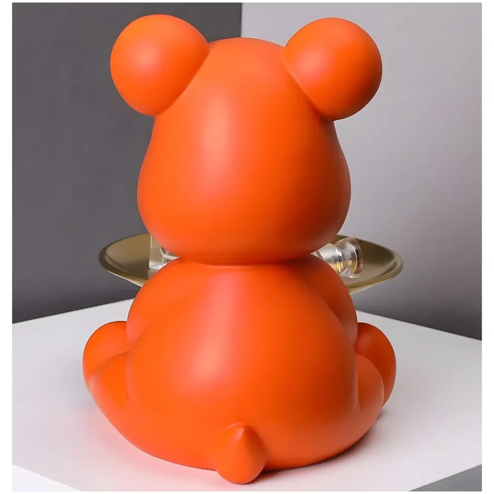Bear Design Brick with Holder Plate for Keys, Cosmetics Home and Bathroom Décor 9 in Height Idol Show Piece Resin Figure with Stainless Steel Plate Orange Sitting - 7