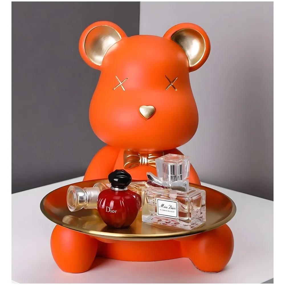 Bear Design Brick with Holder Plate for Keys, Cosmetics Home and Bathroom Décor 9 in Height Idol Show Piece Resin Figure with Stainless Steel Plate Orange Sitting - 8