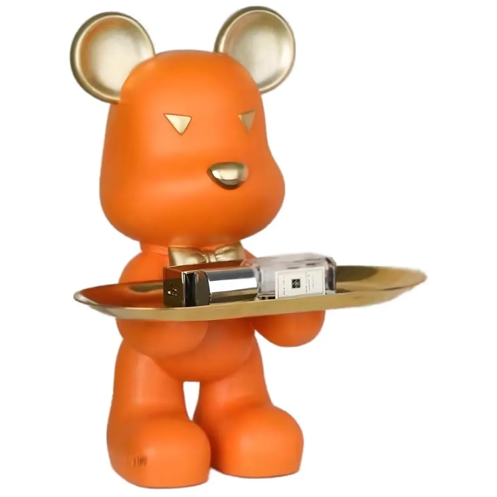 Bear Design Brick with Holder Plate for Keys, Cosmetics Home and Bathroom Décor 9 in Height Idol Show Piece Resin Figure with Stainless Steel Plate