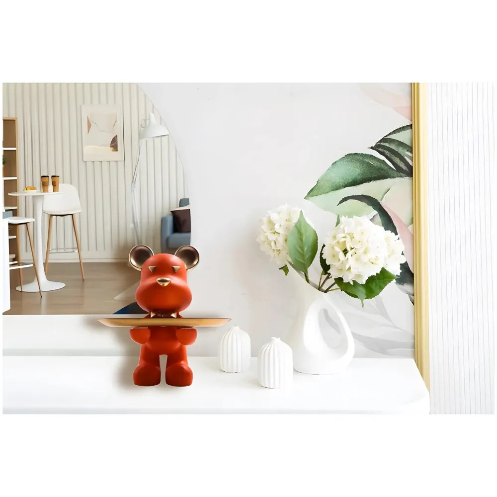 Bear Design Brick with Holder Plate for Keys, Cosmetics Home and Bathroom Décor 9 in Height Idol Show Piece Resin Figure with Stainless Steel Plate - 8