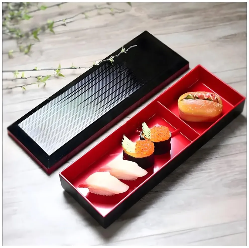 Japanese bento box Black and Red Japanese Style Bento Tray For Sushi Serving - 2 Compartments – 35 cm x 12 cm x 4.5 cm