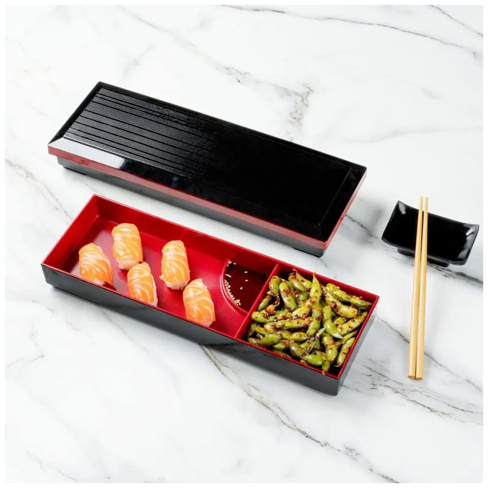 Japanese bento box Black and Red Japanese Style Bento Tray For Sushi Serving - 2 Compartments – 35 cm x 12 cm x 4.5 cm - 2