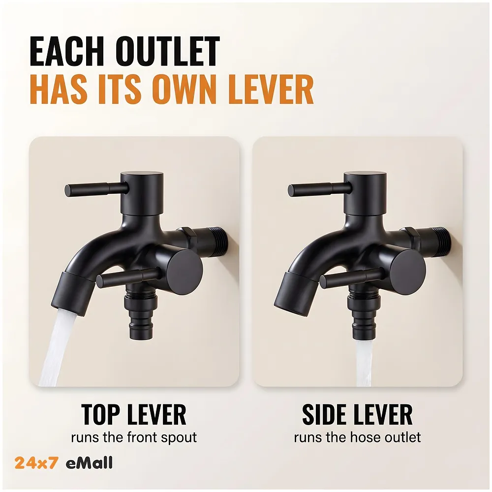 2 in 1 Bibcock Black Two Way Water Tap 14 cm for Washing Machine