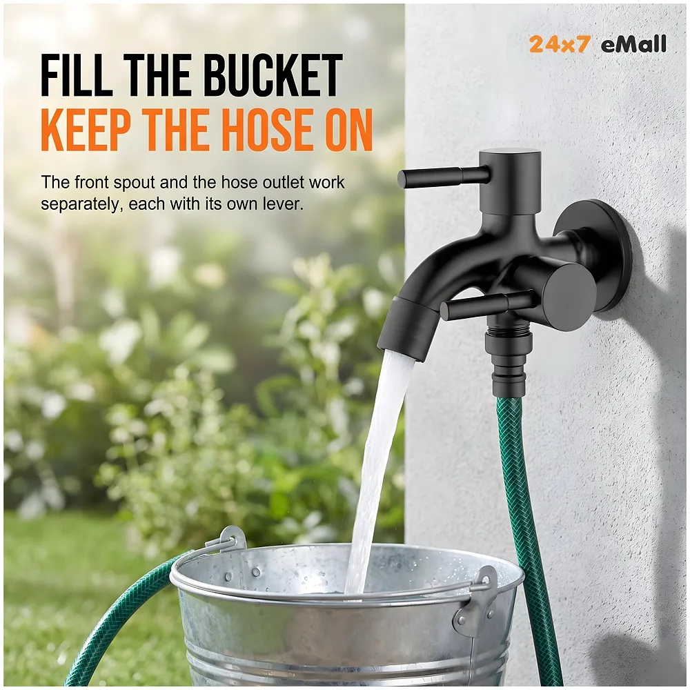 2 in 1 Bibcock Black Two Way Water Tap 14 cm for Washing Machine