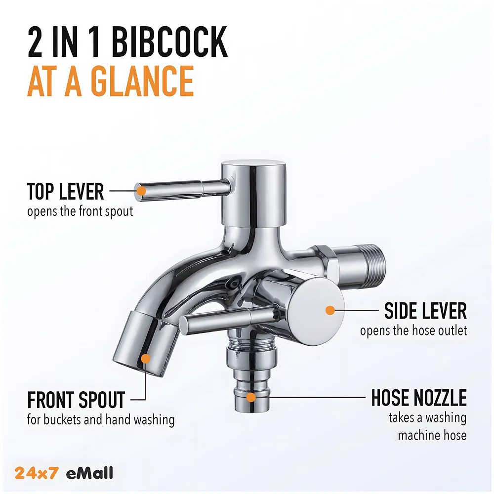 2 in 1 Bibcock Silver Two Way Water Tap 13.5 cm Washing Machine