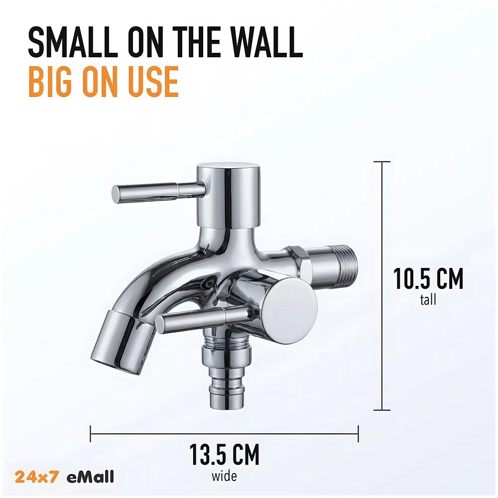 2 in 1 Bibcock Silver Two Way Water Tap 13.5 cm Washing Machine