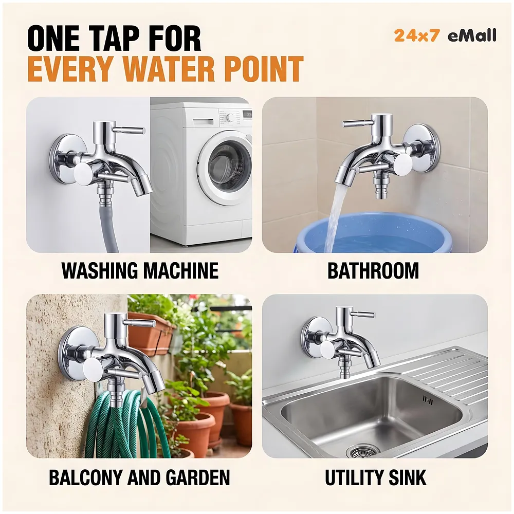 2 in 1 Bibcock Silver Two Way Water Tap 13.5 cm Washing Machine
