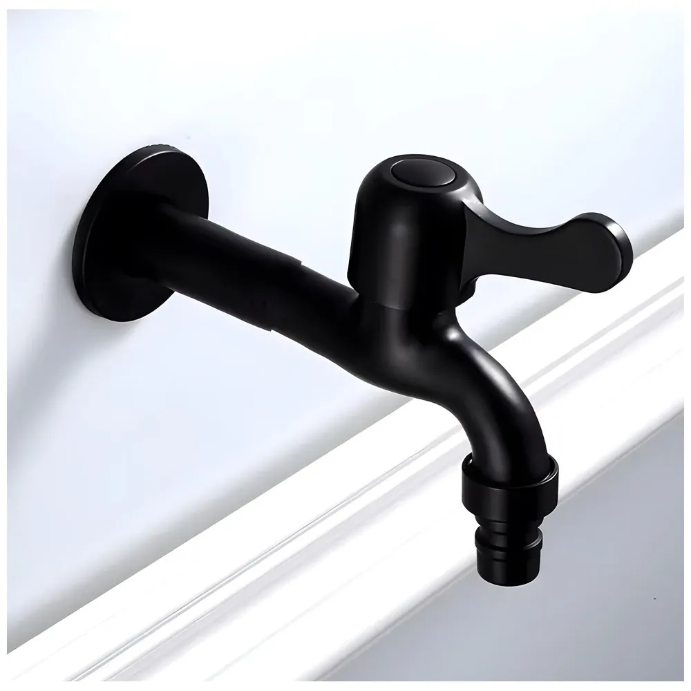 Black Long Bibcock wash Basin Faucet Bathroom Single Cold tap Vintage Finish wall tap Mount with Flange Garden Kitchen Outdoor - 16cm bib Cock