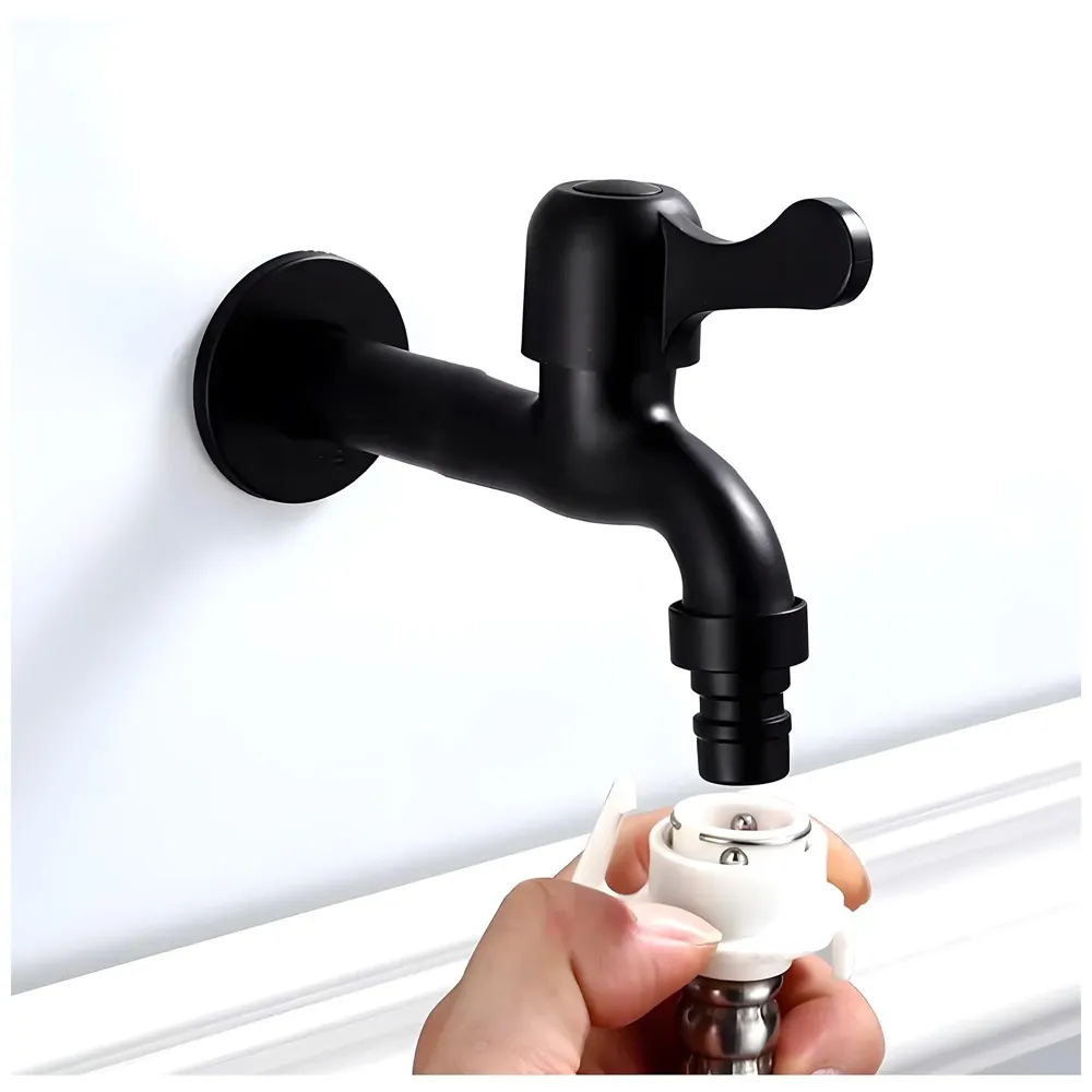 Black Long Bibcock wash Basin Faucet Bathroom Single Cold tap Vintage Finish wall tap Mount with Flange Garden Kitchen Outdoor - 16cm bib Cock