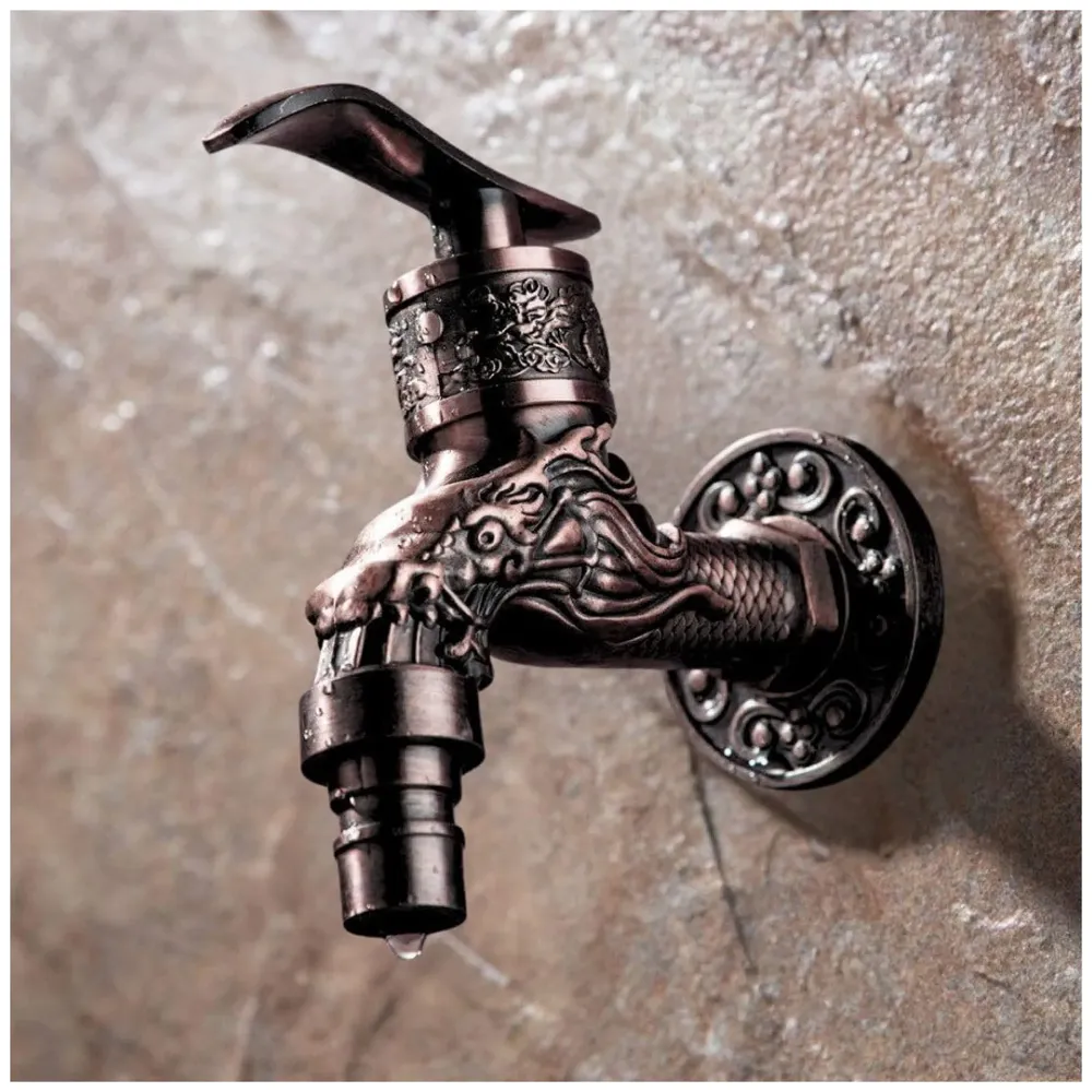 Bib Cock Antique Design 4 inch wash Basin Faucet Bathroom Single Cold tap Carved Pattern Vintage Finish wall Mount with Flange Garden Kitchen Outdoor