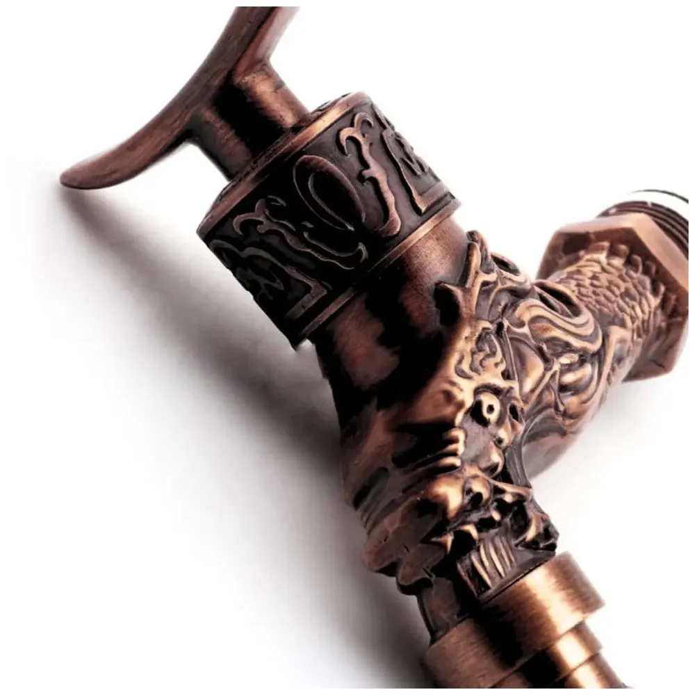 Bib Cock Antique Design 4 inch wash Basin Faucet Bathroom Single Cold tap Carved Pattern Vintage Finish wall Mount with Flange Garden Kitchen Outdoor