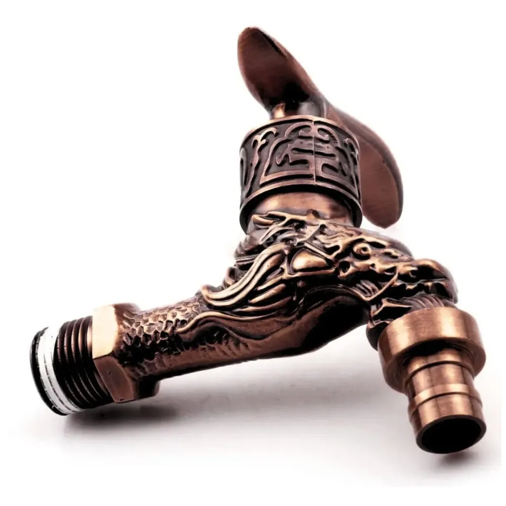 Bib Cock Antique Design 4 inch wash Basin Faucet Bathroom Single Cold tap Carved Pattern Vintage Finish wall Mount with Flange Garden Kitchen Outdoor