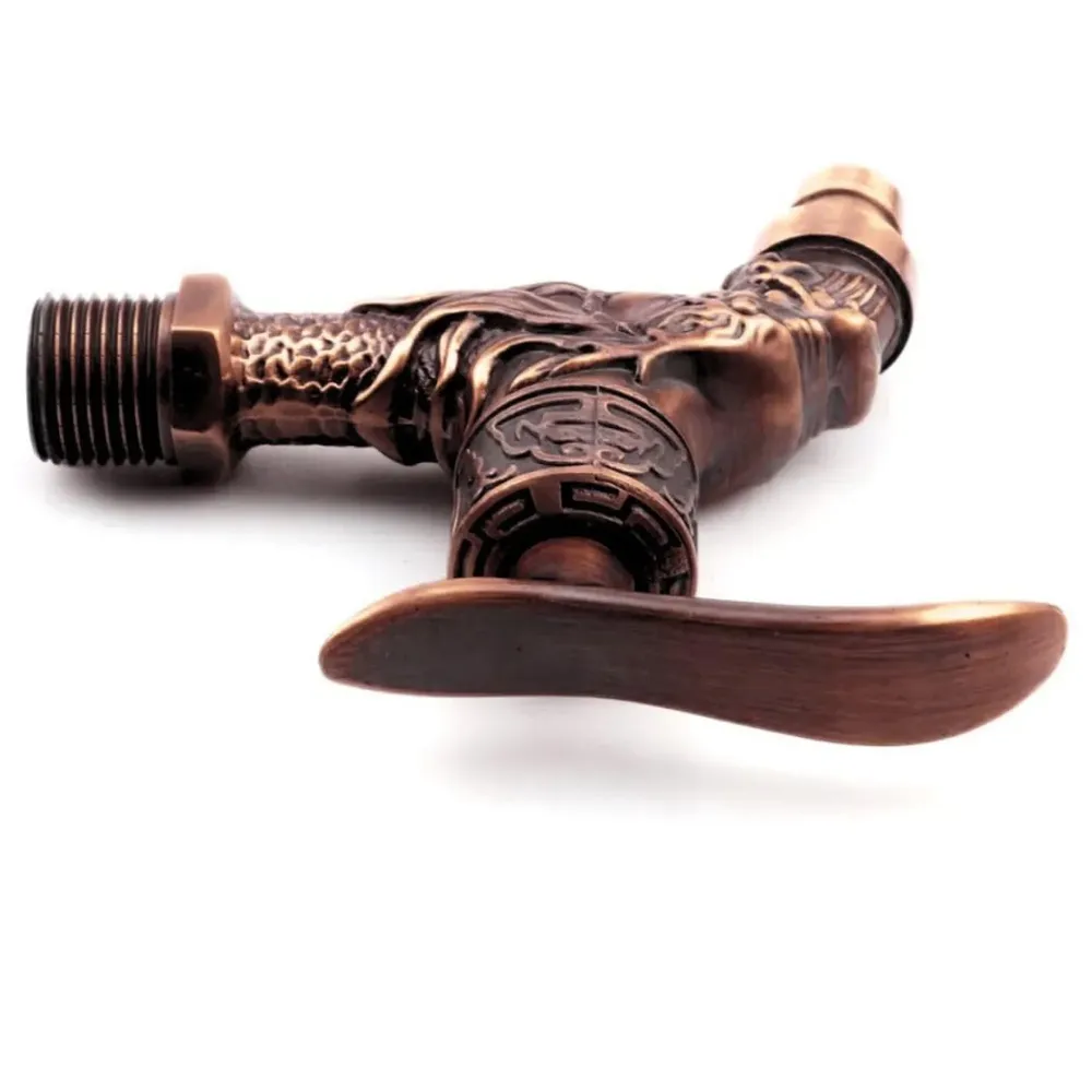 Bib Cock Antique Design 4 inch wash Basin Faucet Bathroom Single Cold tap Carved Pattern Vintage Finish wall Mount with Flange Garden Kitchen Outdoor