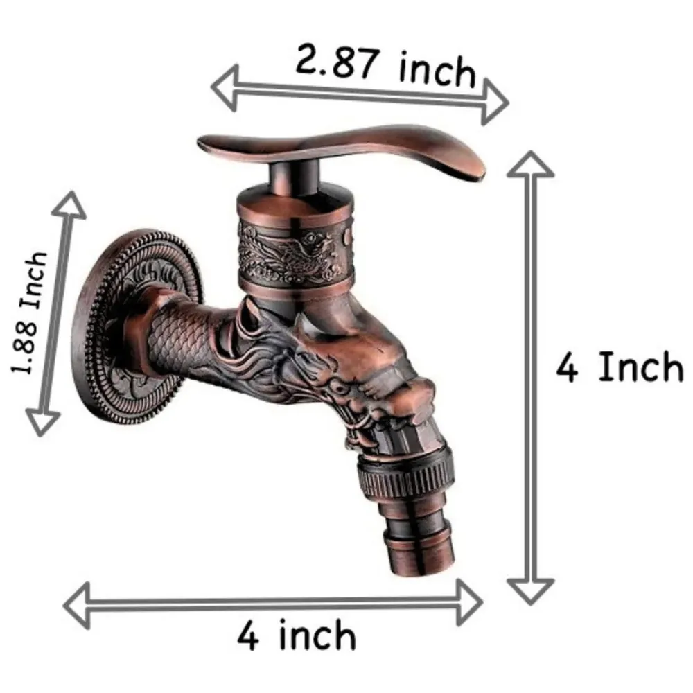 Bib Cock Antique Design 4 inch wash Basin Faucet Bathroom Single Cold tap Carved Pattern Vintage Finish wall Mount with Flange Garden Kitchen Outdoor