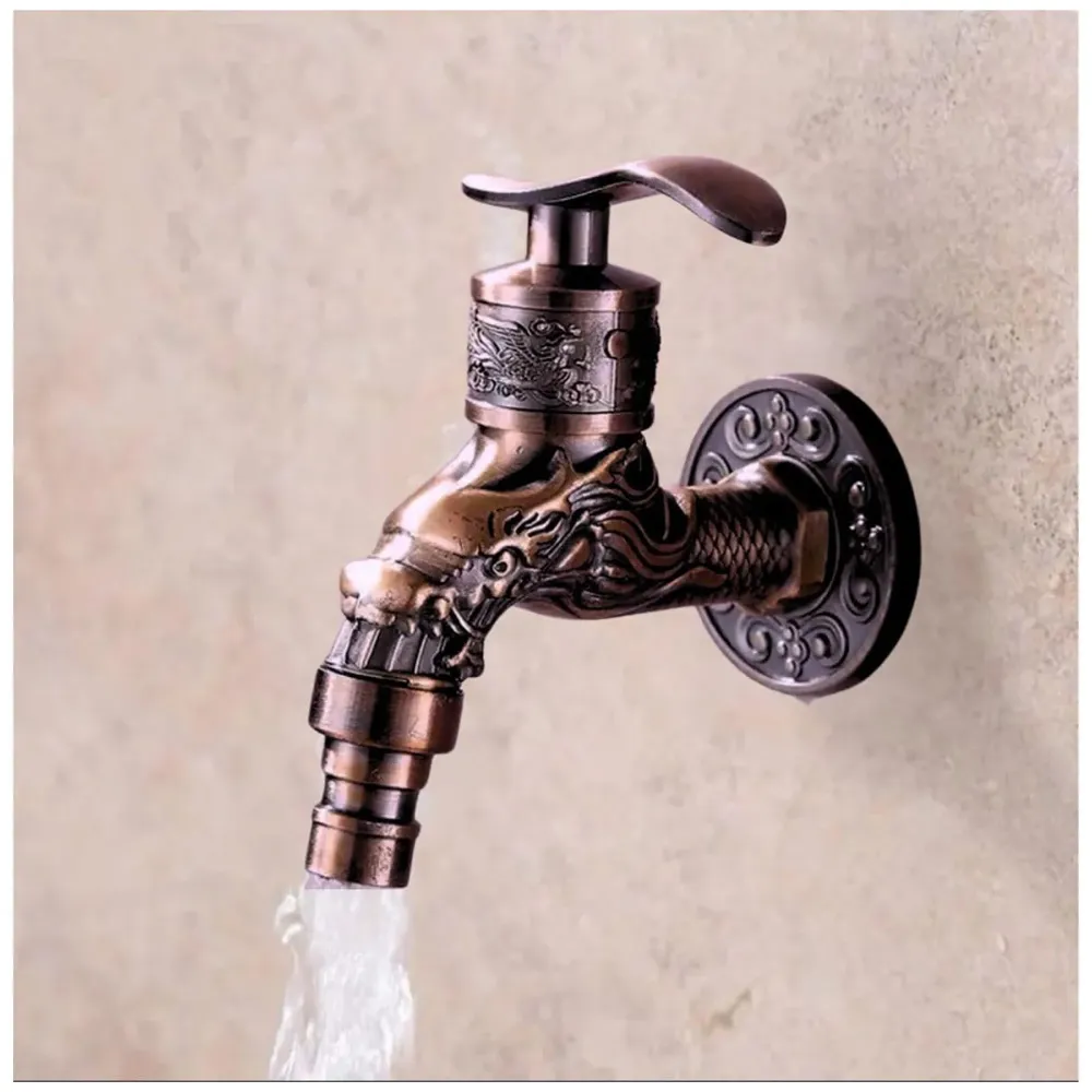 Bib Cock Antique Design 4 inch wash Basin Faucet Bathroom Single Cold tap Carved Pattern Vintage Finish wall Mount with Flange Garden Kitchen Outdoor