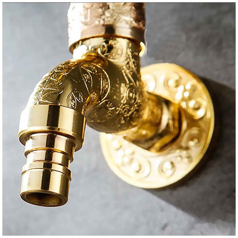 Golden Bib Cock Gold Design 4 inch wash Basin Faucet Bathroom Single Cold tap Carved Pattern Vintage Finish wall Mount with Flange Garden Kitchen Outdoor