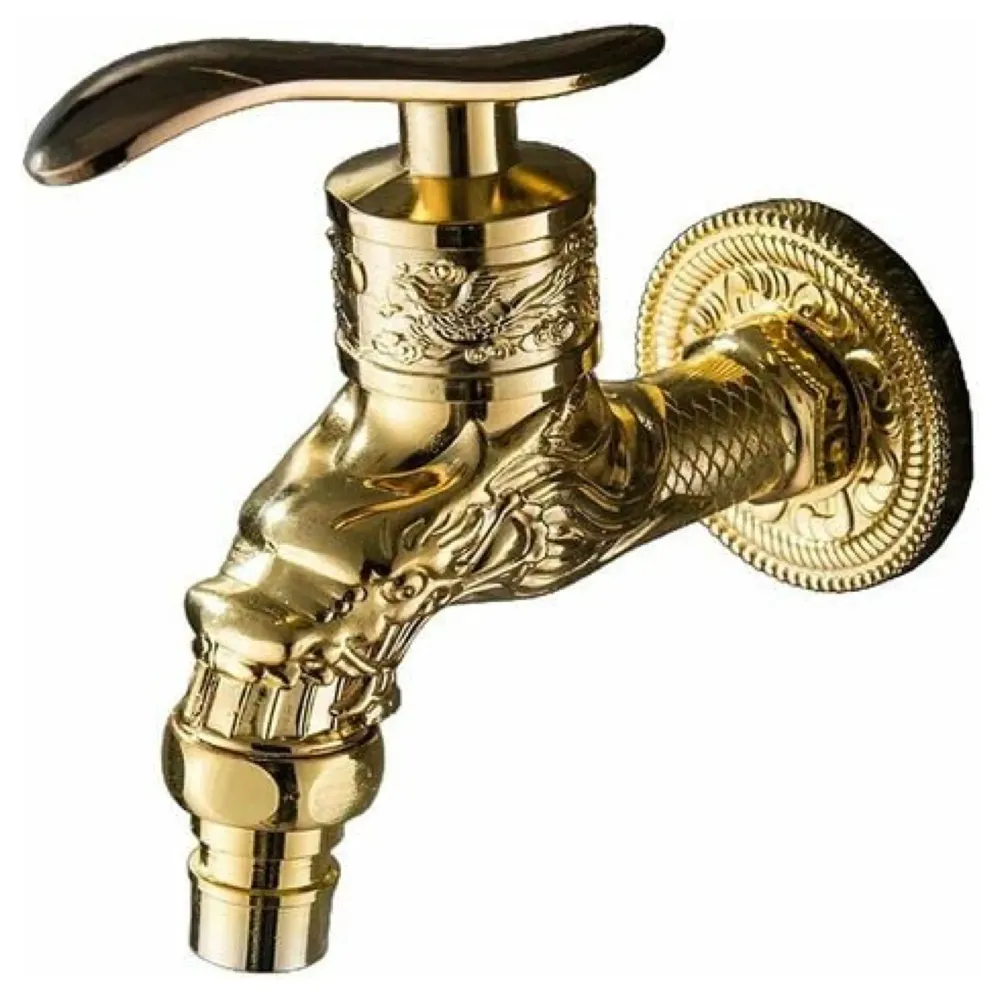 Golden Bib Cock Gold Design 4 inch wash Basin Faucet Bathroom Single Cold tap Carved Pattern Vintage Finish wall Mount with Flange Garden Kitchen Outdoor