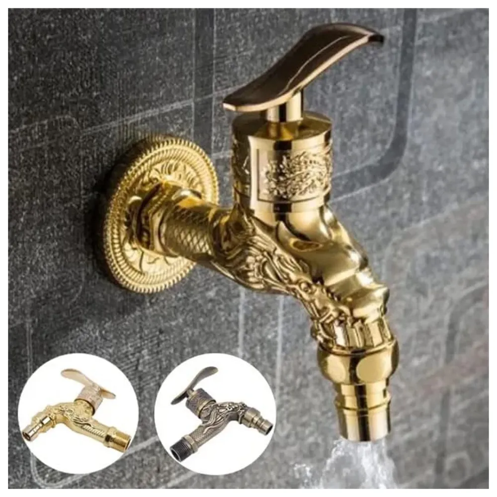 Golden Bib Cock Gold Design 4 inch wash Basin Faucet Bathroom Single Cold tap Carved Pattern Vintage Finish wall Mount with Flange Garden Kitchen Outdoor