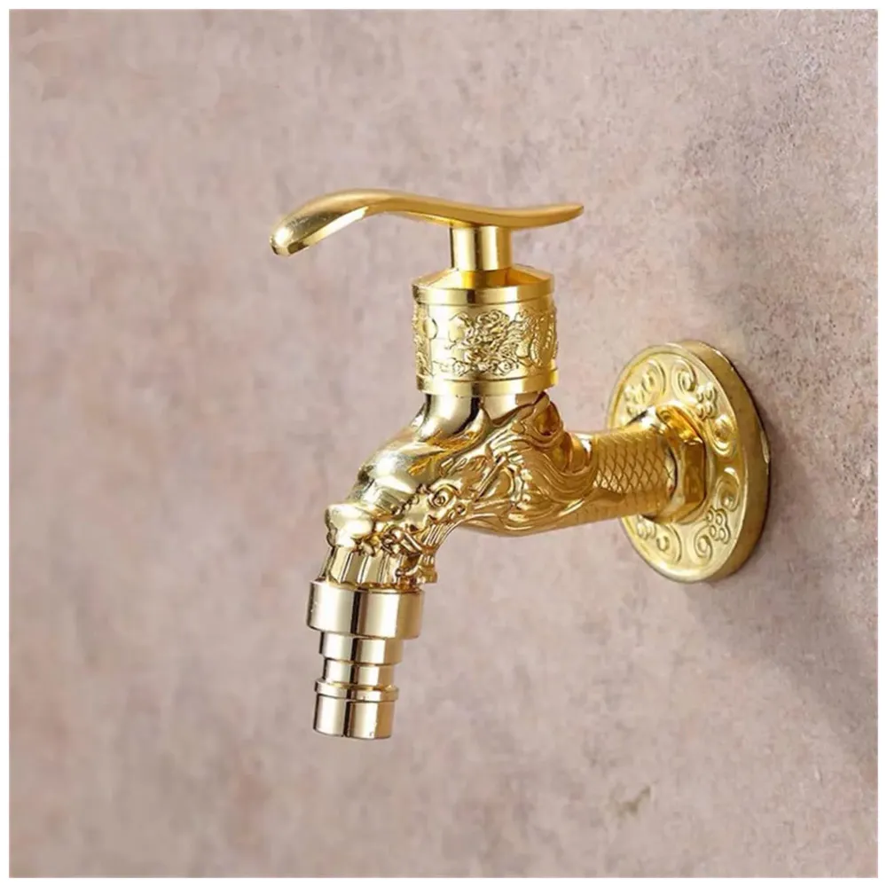 Golden Bib Cock Gold Design 4 inch wash Basin Faucet Bathroom Single Cold tap Carved Pattern Vintage Finish wall Mount with Flange Garden Kitchen Outdoor