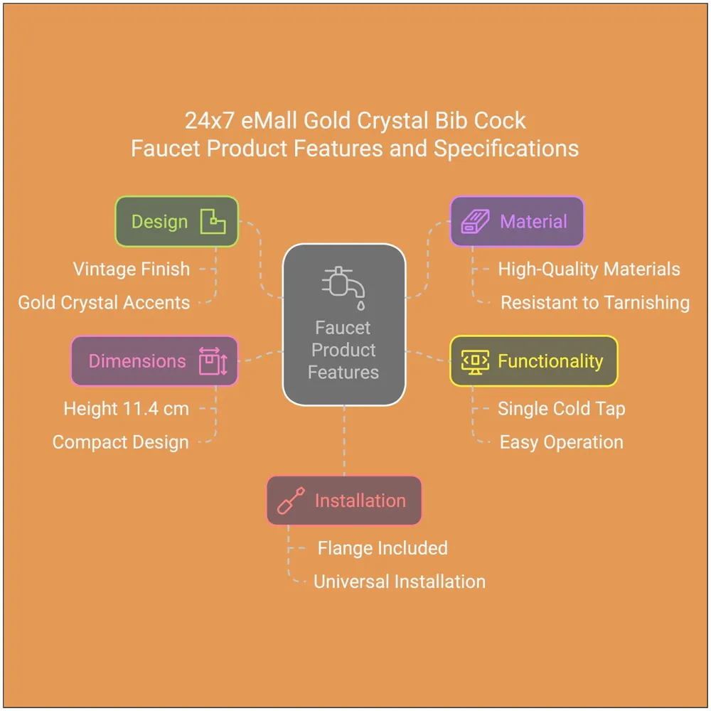 Gold Crystal Bibcock wash Basin Faucet Bathroom Single Cold tap Vintage Finish wall tap Mount with Flange Garden Kitchen Outdoor - 11.4 Cm bib Cock - 3