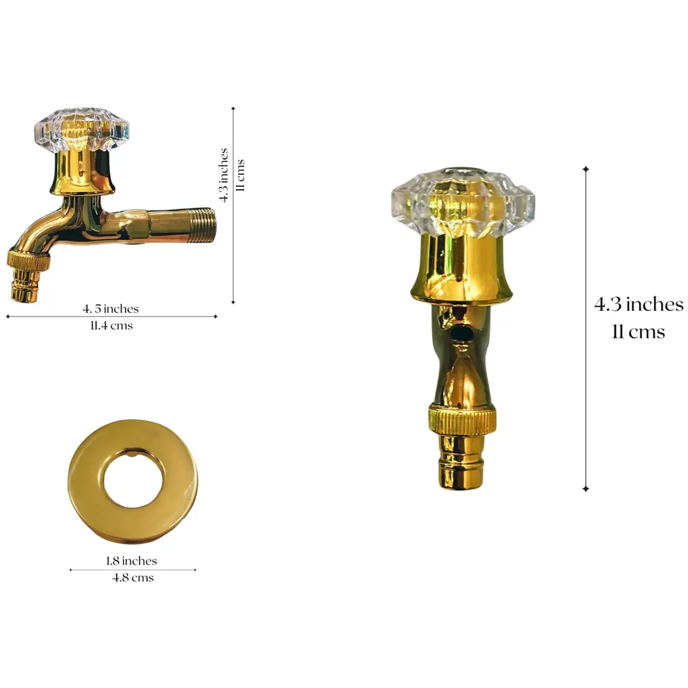 Gold Crystal Bibcock wash Basin Faucet Bathroom Single Cold tap Vintage Finish wall tap Mount with Flange Garden Kitchen Outdoor - 11.4 Cm bib Cock