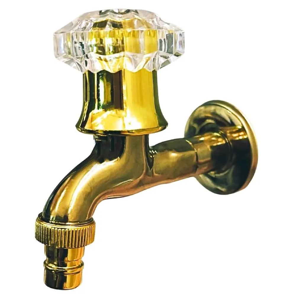 Gold Crystal Bibcock wash Basin Faucet Bathroom Single Cold tap Vintage Finish wall tap Mount with Flange Garden Kitchen Outdoor - 11.4 Cm bib Cock Premium