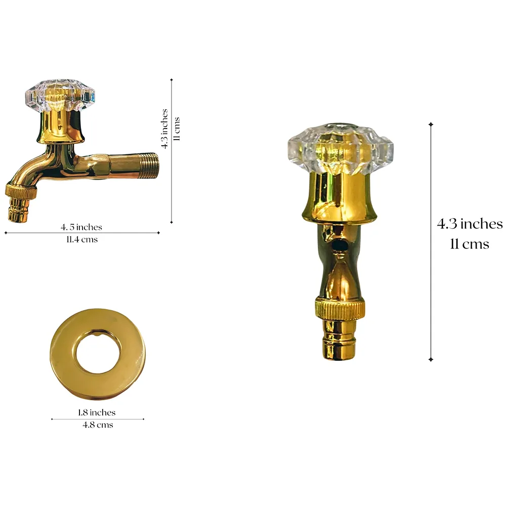 Gold Crystal Bibcock wash Basin Faucet Bathroom Single Cold tap Vintage Finish wall tap Mount with Flange Garden Kitchen Outdoor - 11.4 Cm bib Cock Premium