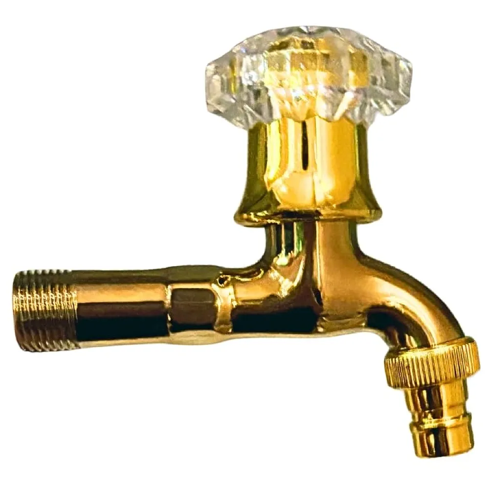 Gold Crystal Bibcock wash Basin Faucet Bathroom Single Cold tap Vintage Finish wall tap Mount with Flange Garden Kitchen Outdoor - 11.4 Cm bib Cock Premium