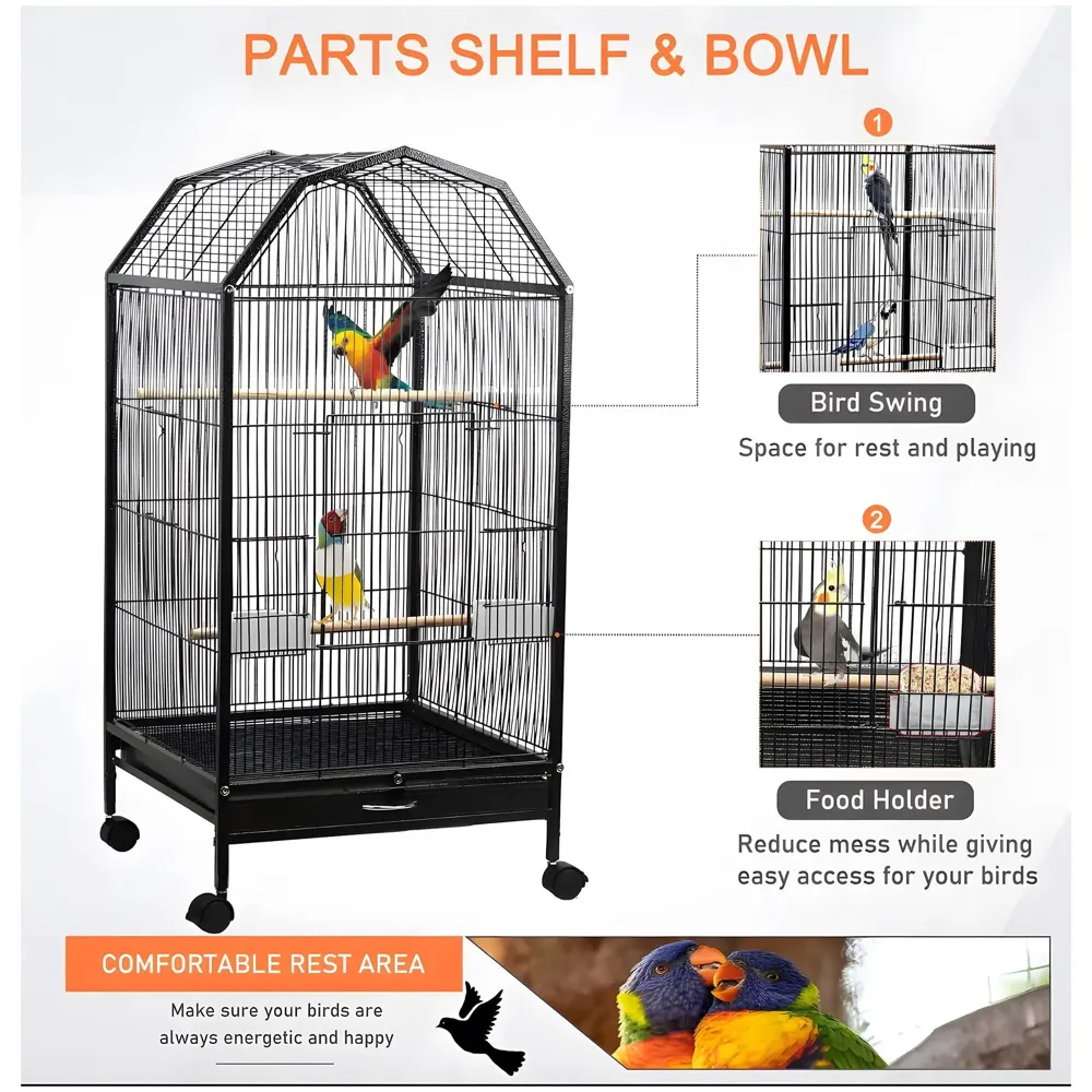 34 inch Sturdy Large Bird Cage for Parakeets, Cockatiels, Parrot, Sun Conure, Green-Cheeked Parakeet, Lovebird, Canary, Finch Lovebird, Pigeons, Parrots with Rolling Stand (Black,L),Iron