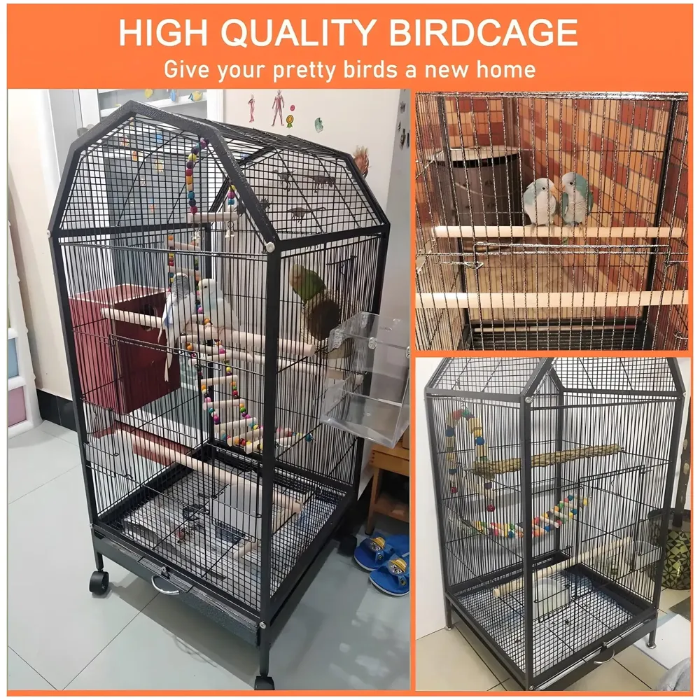 34 inch Sturdy Large Bird Cage for Parakeets, Cockatiels, Parrot, Sun Conure, Green-Cheeked Parakeet, Lovebird, Canary, Finch Lovebird, Pigeons, Parrots with Rolling Stand (Black,L),Iron
