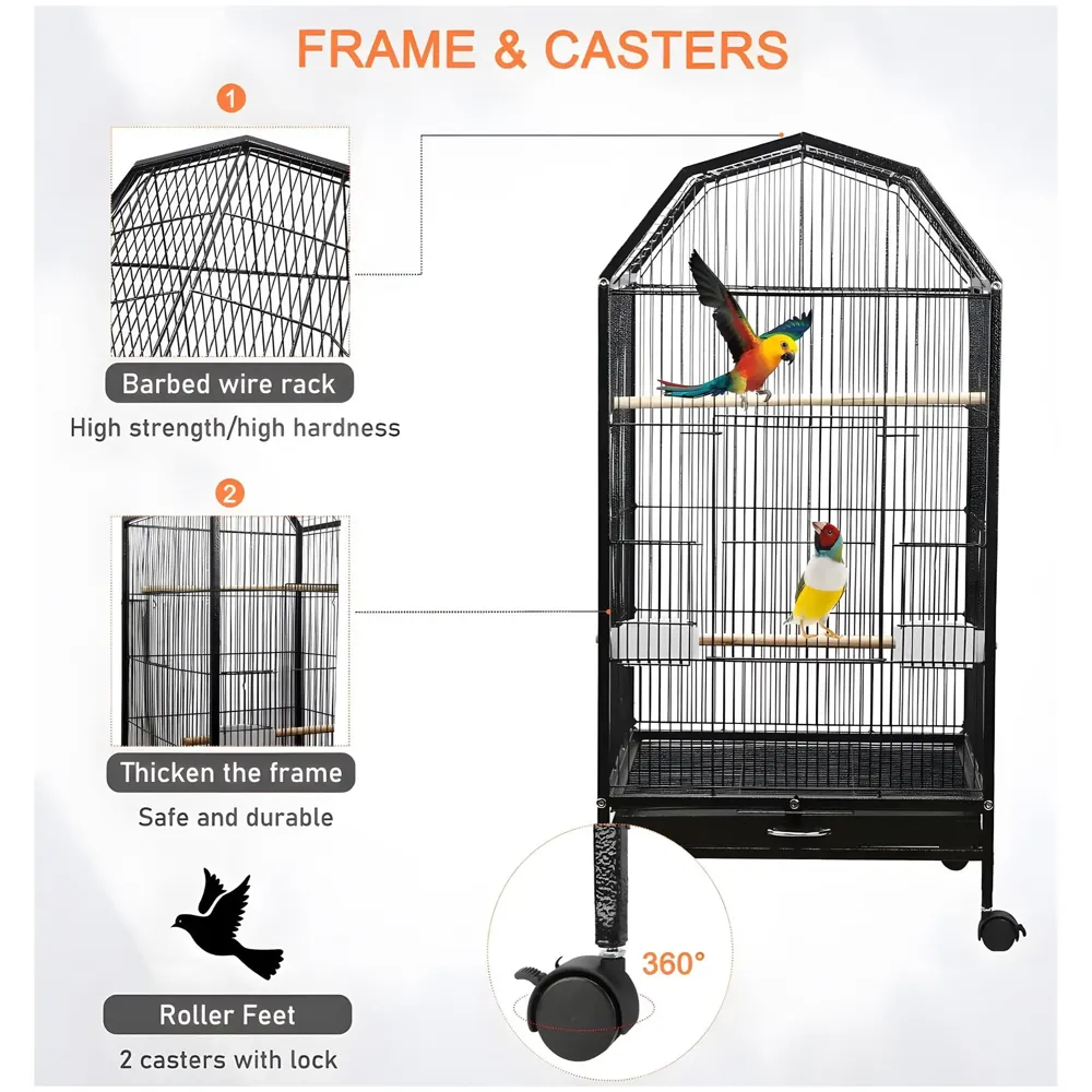 34 inch Sturdy Large Bird Cage for Parakeets, Cockatiels, Parrot, Sun Conure, Green-Cheeked Parakeet, Lovebird, Canary, Finch Lovebird, Pigeons, Parrots with Rolling Stand (Black,L),Iron