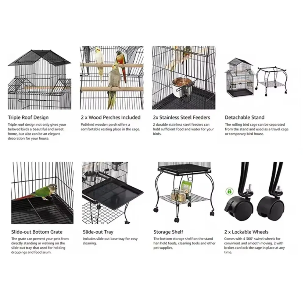 55 inch Metal Large Bird Cage for Parakeets Cockatiels Parrot Sun Conure Green-Cheeked Parakeet Lovebird Canary Finch Lovebird Pigeons Parrot with Rolling Stand.
