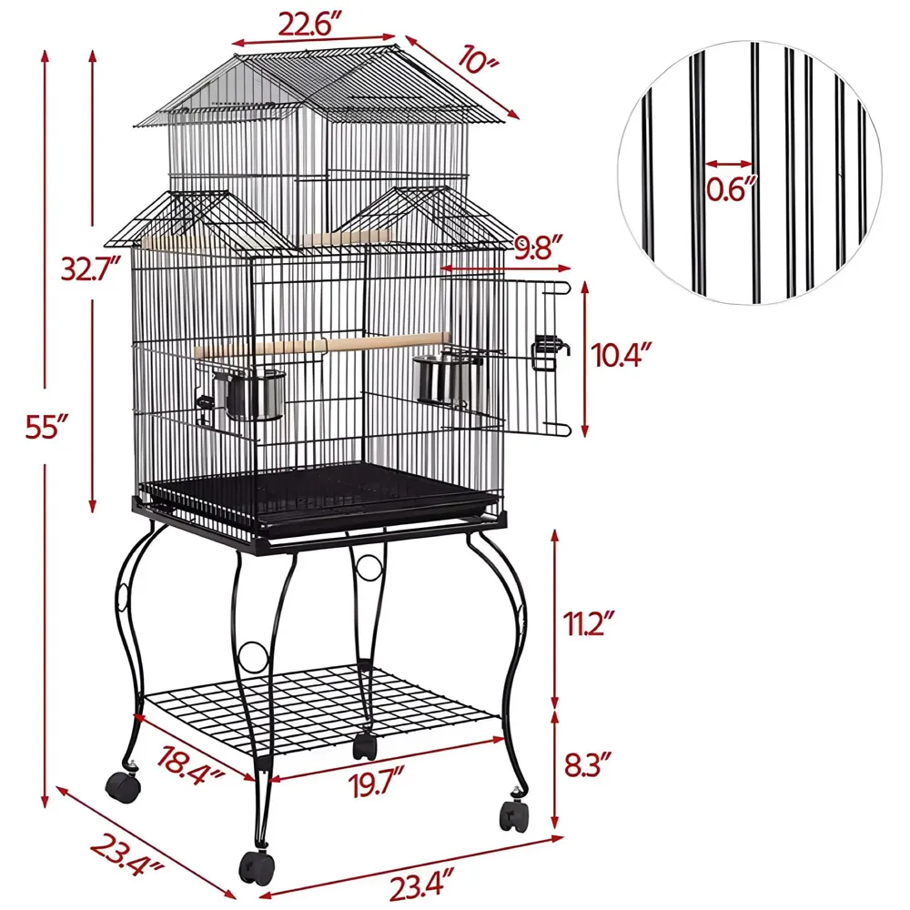 55 inch Metal Large Bird Cage for Parakeets Cockatiels Parrot Sun Conure Green-Cheeked Parakeet Lovebird Canary Finch Lovebird Pigeons Parrot with Rolling Stand.