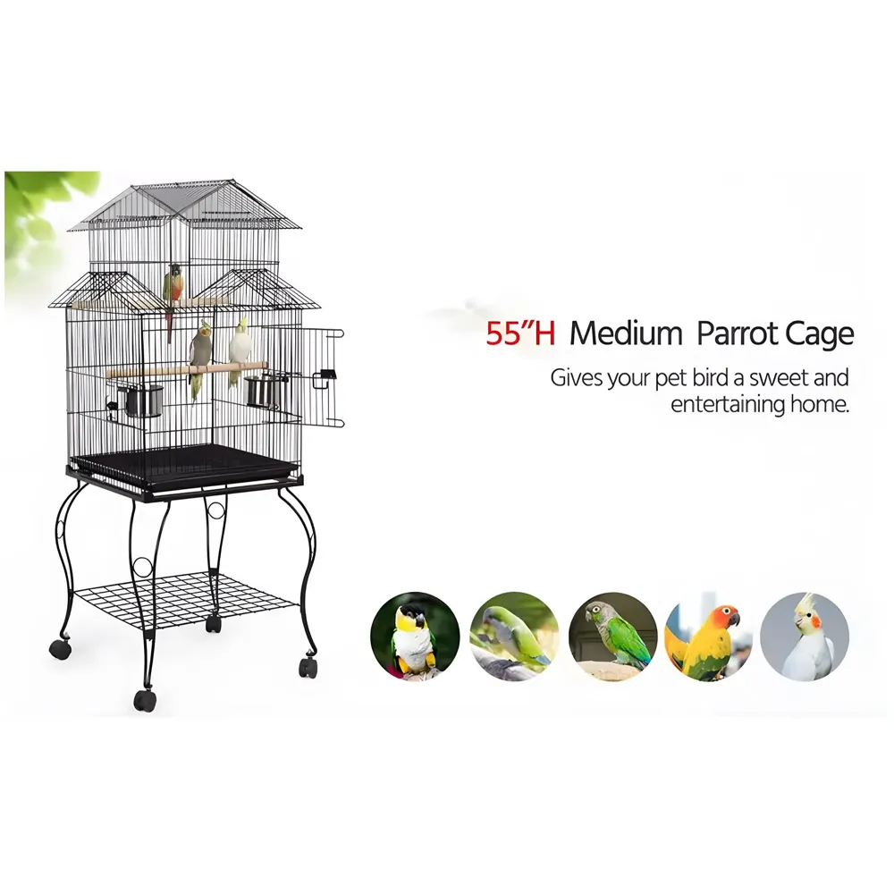 55 inch Metal Large Bird Cage for Parakeets Cockatiels Parrot Sun Conure Green-Cheeked Parakeet Lovebird Canary Finch Lovebird Pigeons Parrot with Rolling Stand.