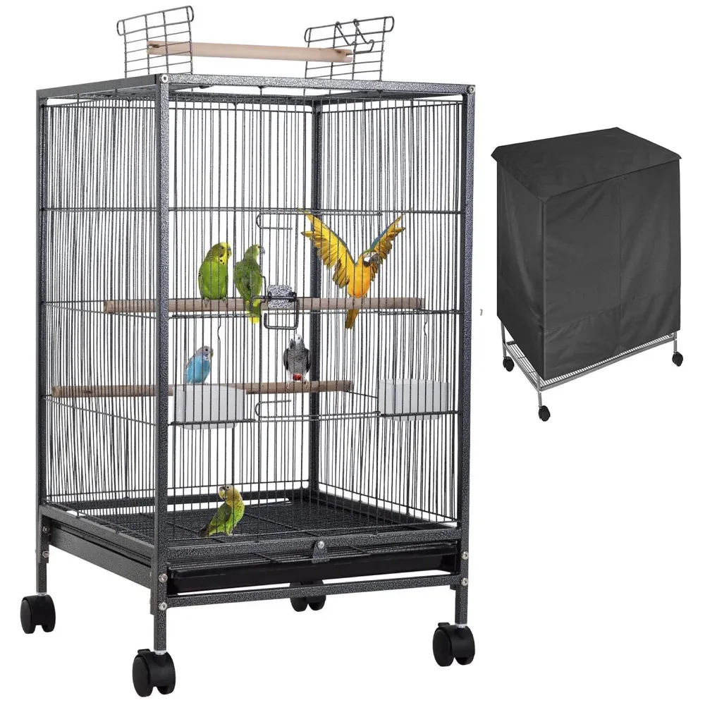 30 inch Sturdy Large Bird Cage with Cover for Parakeets Cockatiels Parrot Sun Conure Green-Cheeked Parakeet Lovebird Canary Finch Lovebird Pigeons Parrot with Rolling Stand (Black, Large)