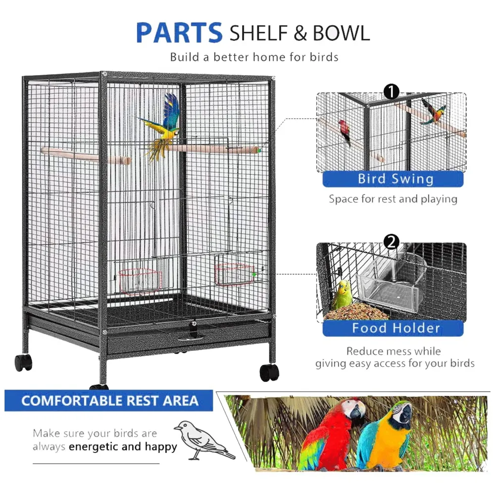 30 inch Sturdy Large Bird Cage with Cover for Parakeets Cockatiels Parrot Sun Conure Green-Cheeked Parakeet Lovebird Canary Finch Lovebird Pigeons Parrot with Rolling Stand (Black, Large)
