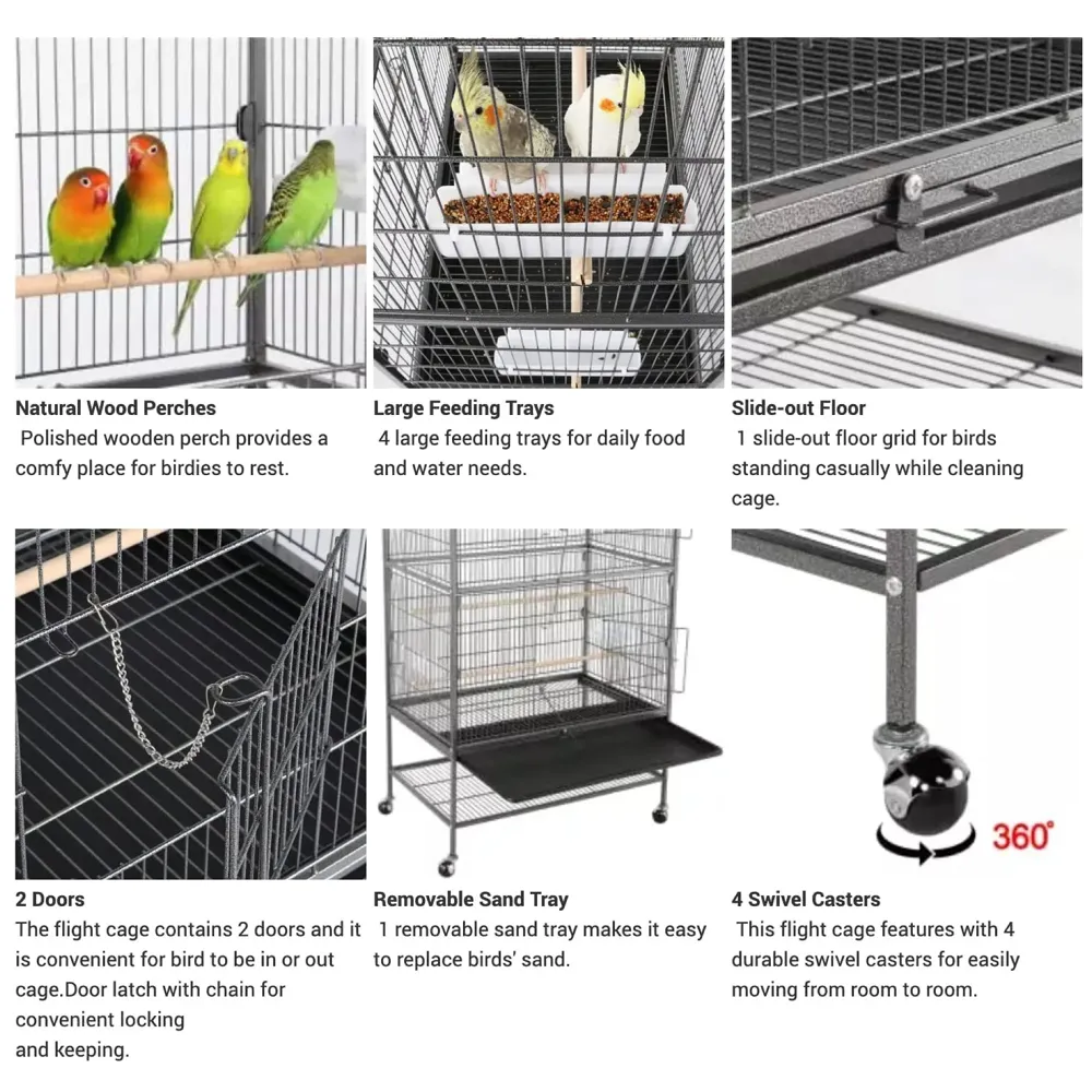 30 inch Sturdy Large Bird Metal Cage for Parakeets Cockatiels Parrot Sun Conure Green-Cheeked Parakeet Lovebird Canary Finch Lovebird Pigeons Parrot with Rolling Stand (Black, Large)