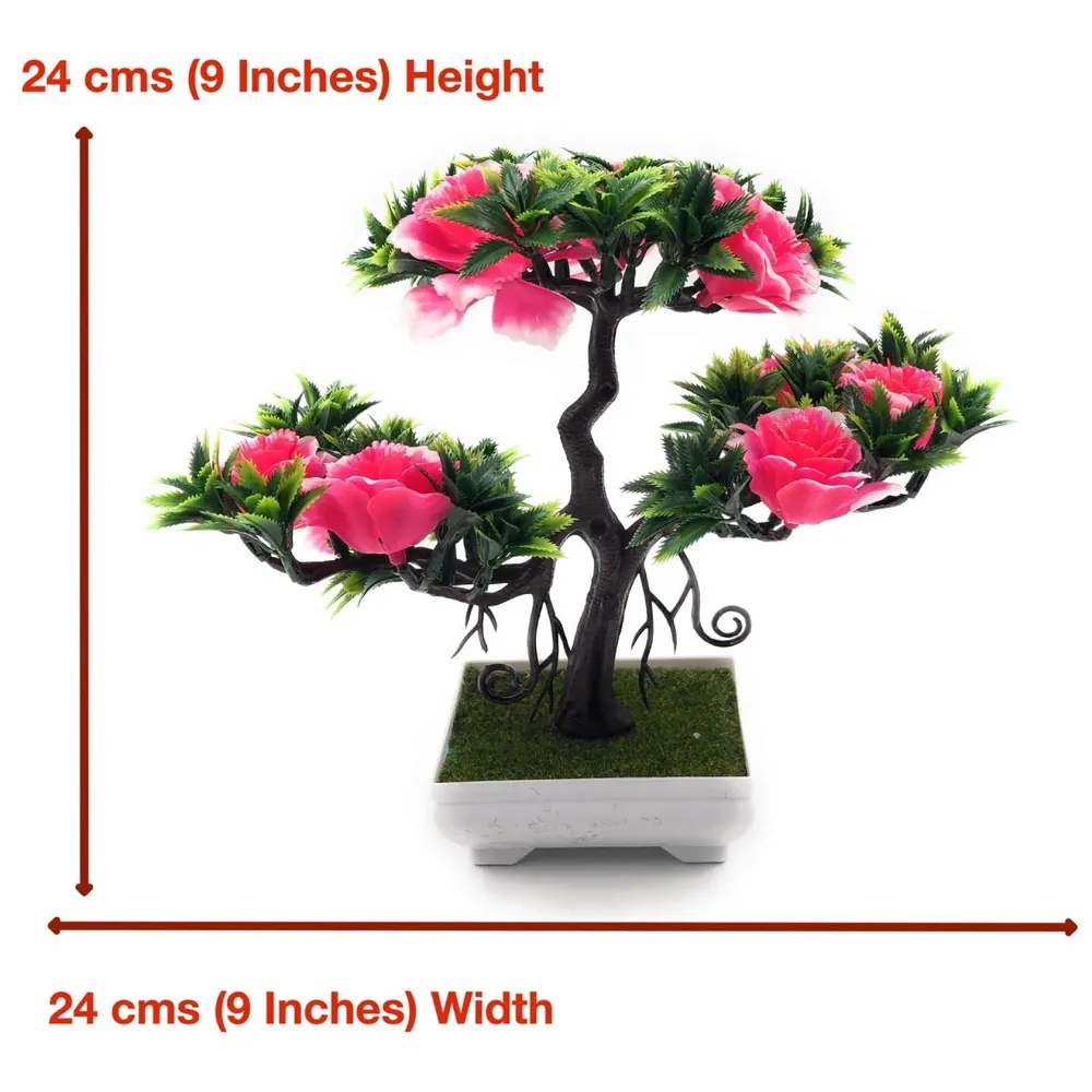 Artificial Dwarf Tree And Grass with PVC Pot (Pink Flower)