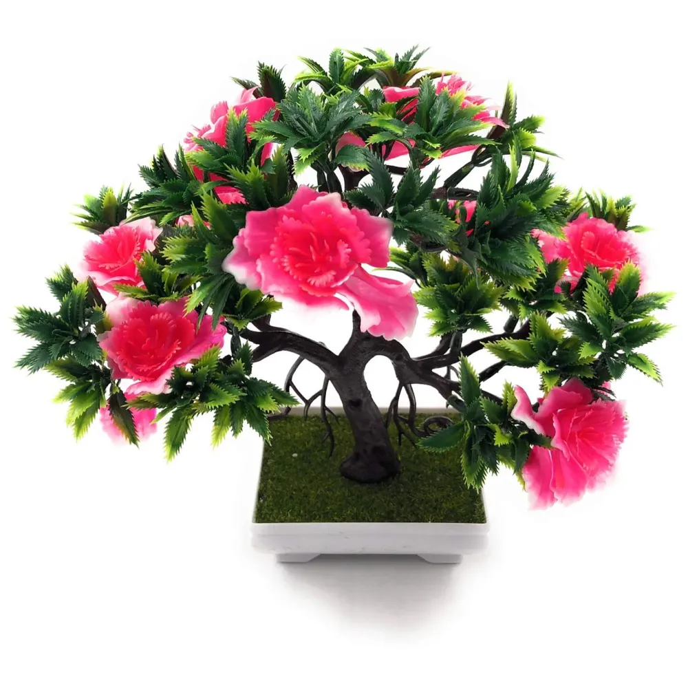 Artificial Dwarf Tree And Grass with PVC Pot (Pink Flower)